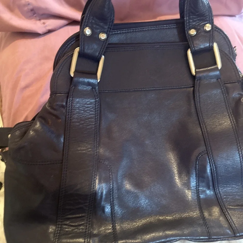 Nicoli Italian leather Large satchel features a dark purplish Blue finish